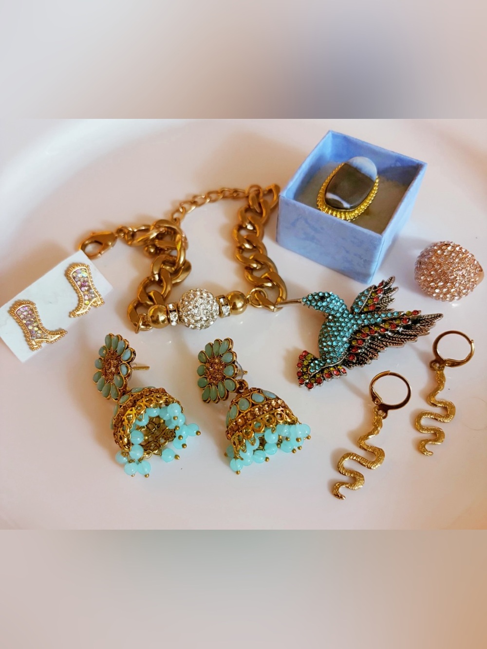 Western Bling Bundle With Gold-Tone Jhumka Earrings with Turquoise Beads